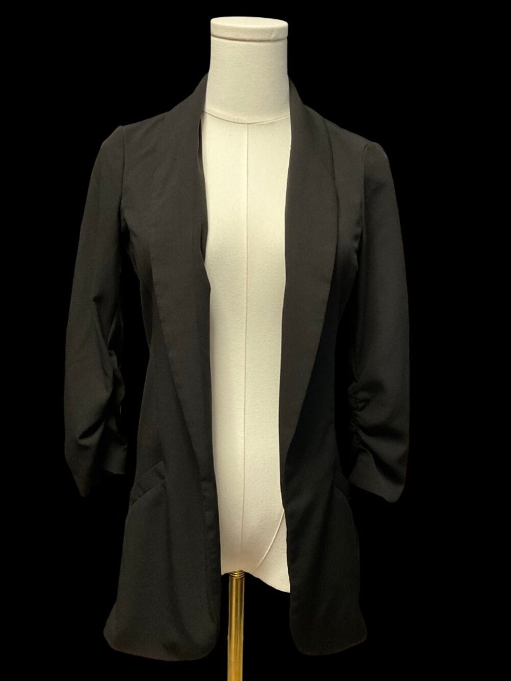 Black Open Front Blazer w/ Ruched Sleeve
